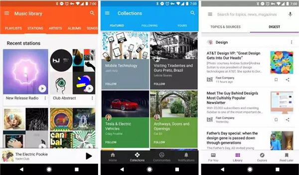 從左到右分別是 Play Music，Google Plus 及 Play Newsstand